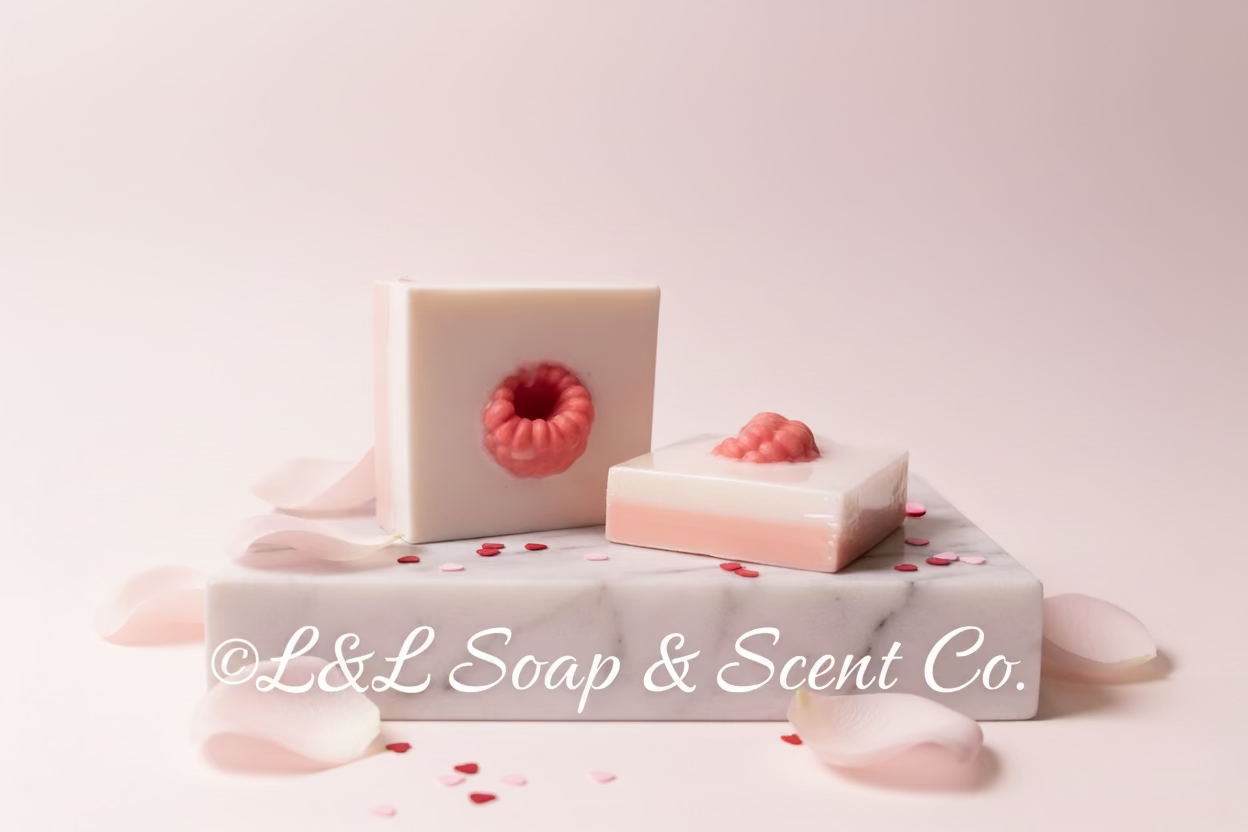 Square white and pink shea butter soap, raspberries and cream scented, with a pink raspberry decoration in the center