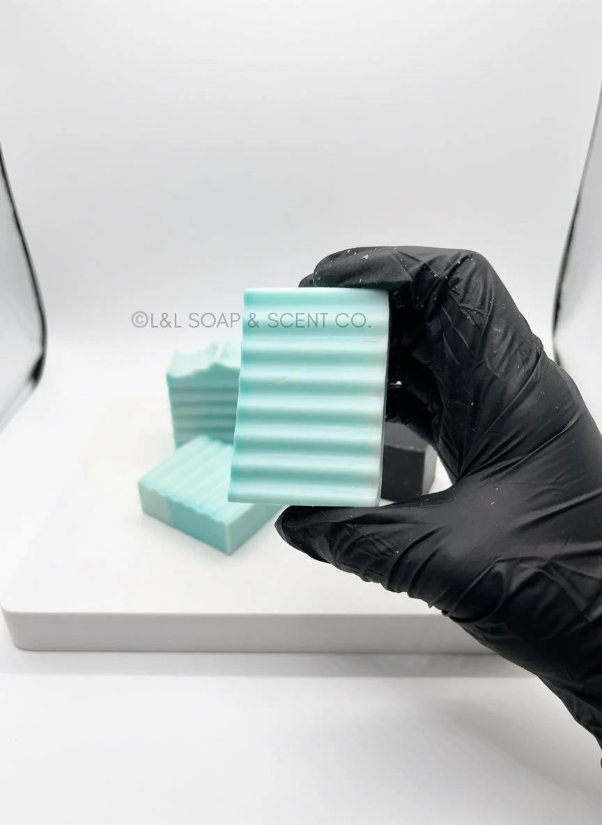 Light blue square shaped eucalyptus scented goat milk soap