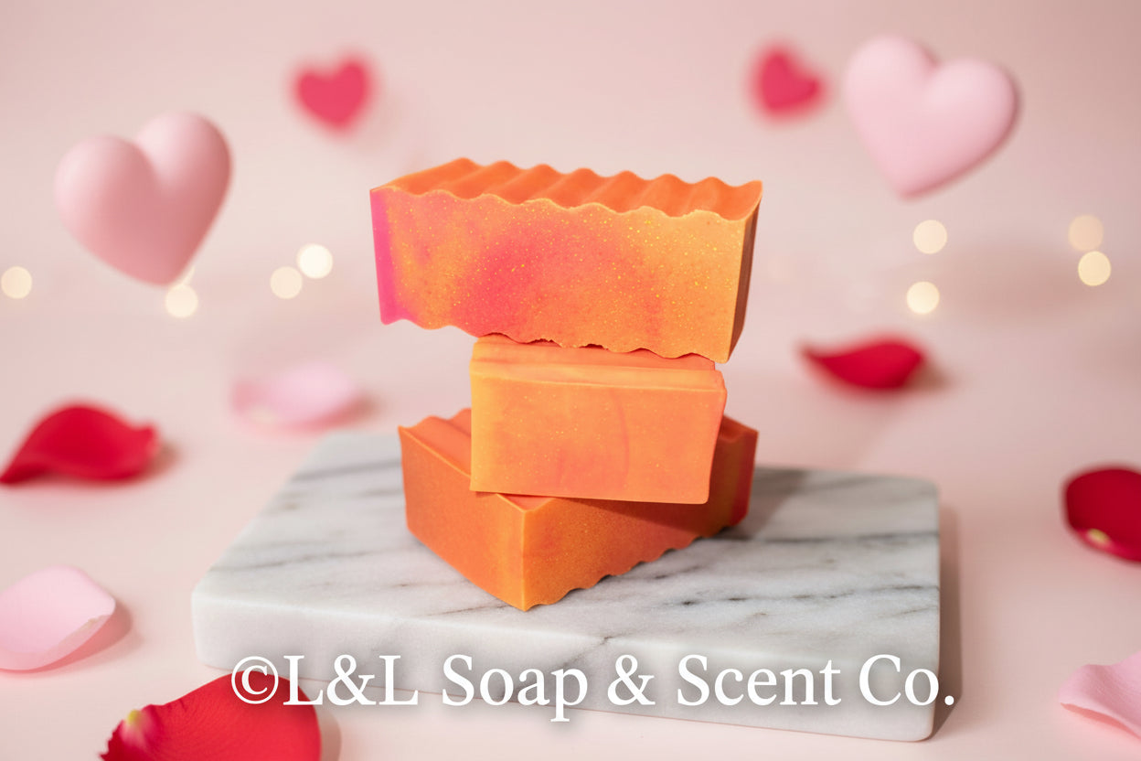 Rectangle-shaped Shea butter soap with pink and orange swirls, strawberry scented