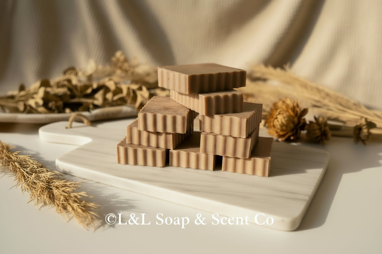 Rectangle shaped brown, colored hot cocoa, scented Shea, butter soaps 