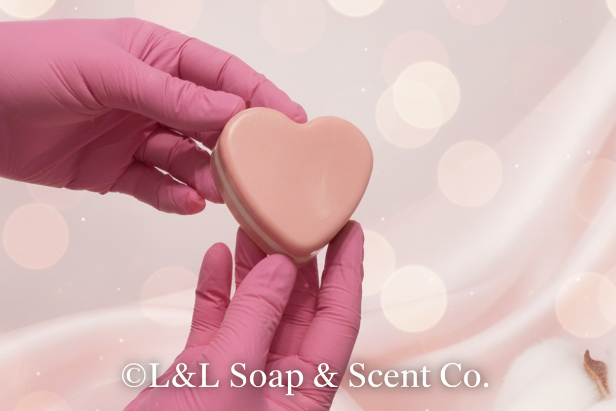 Heart-shaped pink and white shea butter soap, chocolate lovers scented
