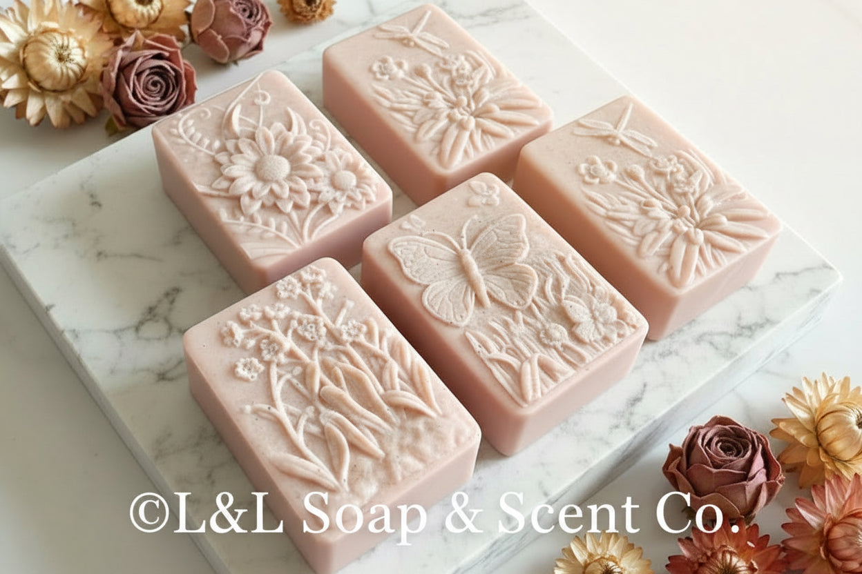 Rectangle-shaped warm vanilla shea butter soap decorated with butterflies and flowers