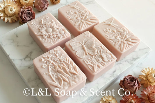 Rectangle-shaped warm vanilla shea butter soap decorated with butterflies and flowers