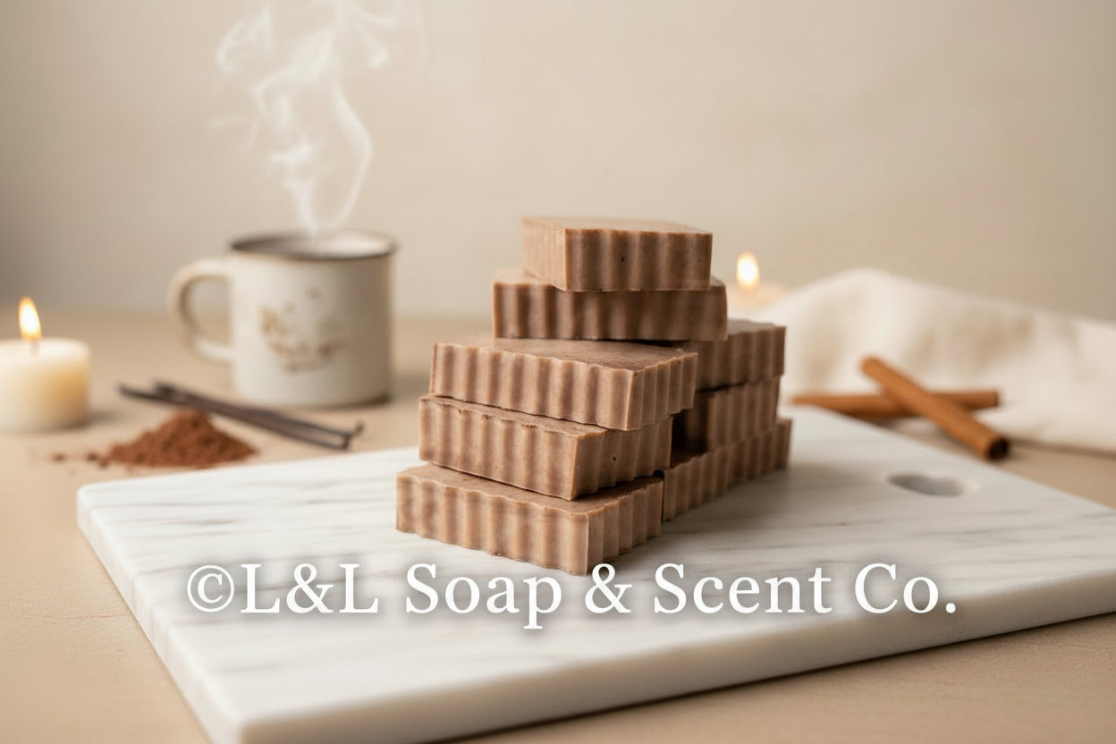Rectangle shaped brown, colored hot cocoa, scented Shea, butter soaps 