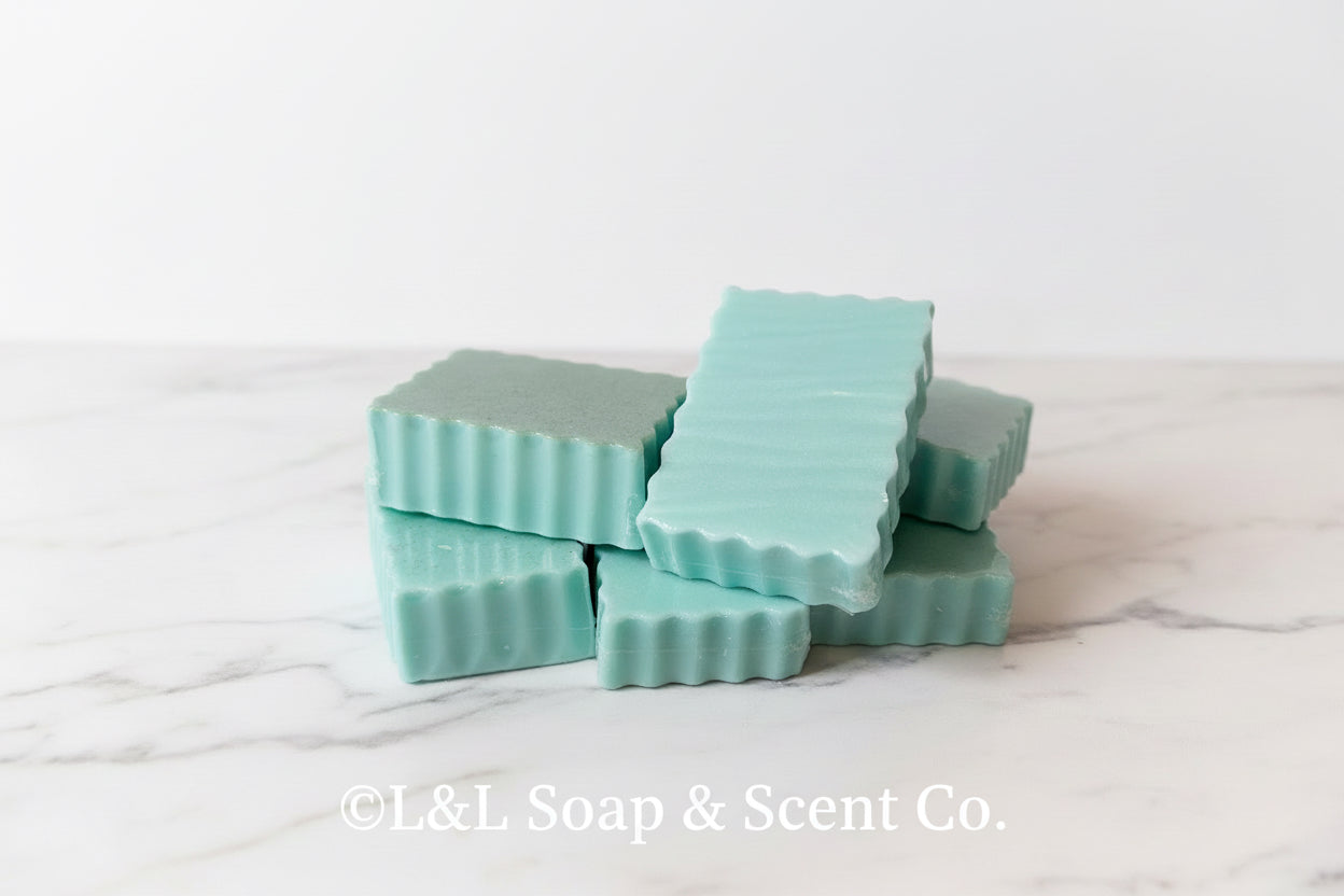 Light blue colored rectangle shaped eucalyptus, essential oil, scented Shea butter soap