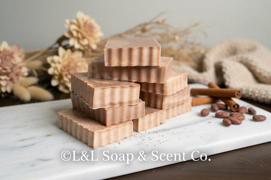 Rectangle shaped brown, colored hot cocoa, scented Shea, butter soaps ￼