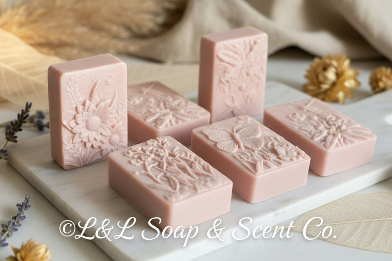 Rectangle-shaped warm vanilla shea butter soap decorated with butterflies and flowers