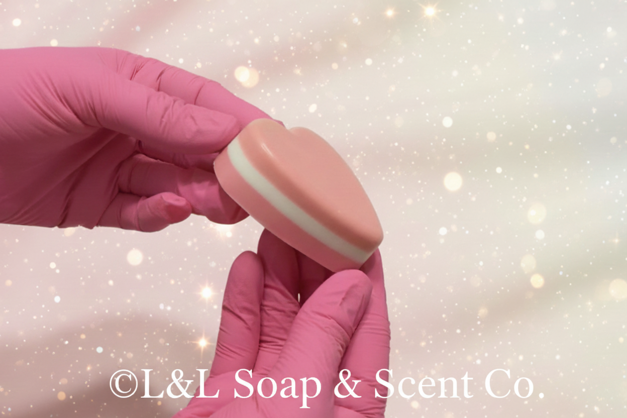 Heart-shaped pink and white shea butter soap, chocolate lovers scented