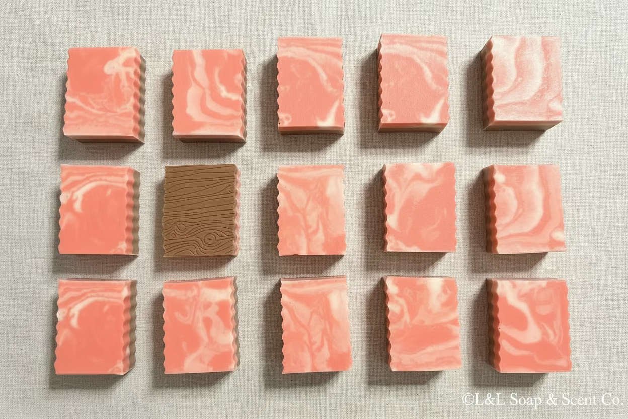 Red and white swirl with brown bark bottom rectangle Shea butter soap peppermint bark scented 