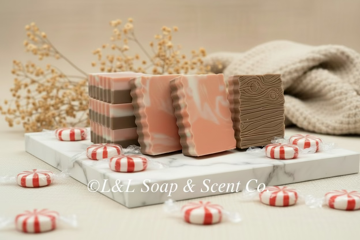 Red and white swirl with brown bark bottom rectangle Shea butter soap peppermint bark scented 