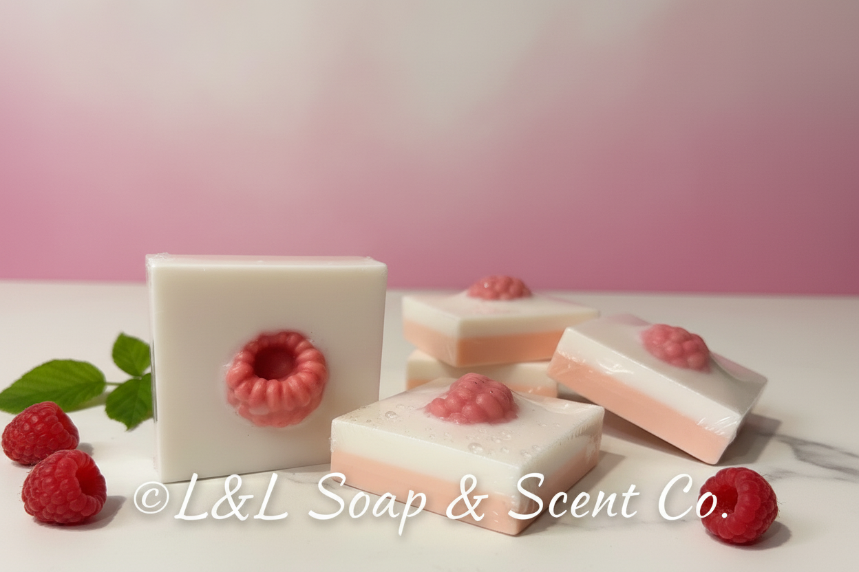 Square white and pink shea butter soap, raspberries and cream scented, with a pink raspberry decoration in the center