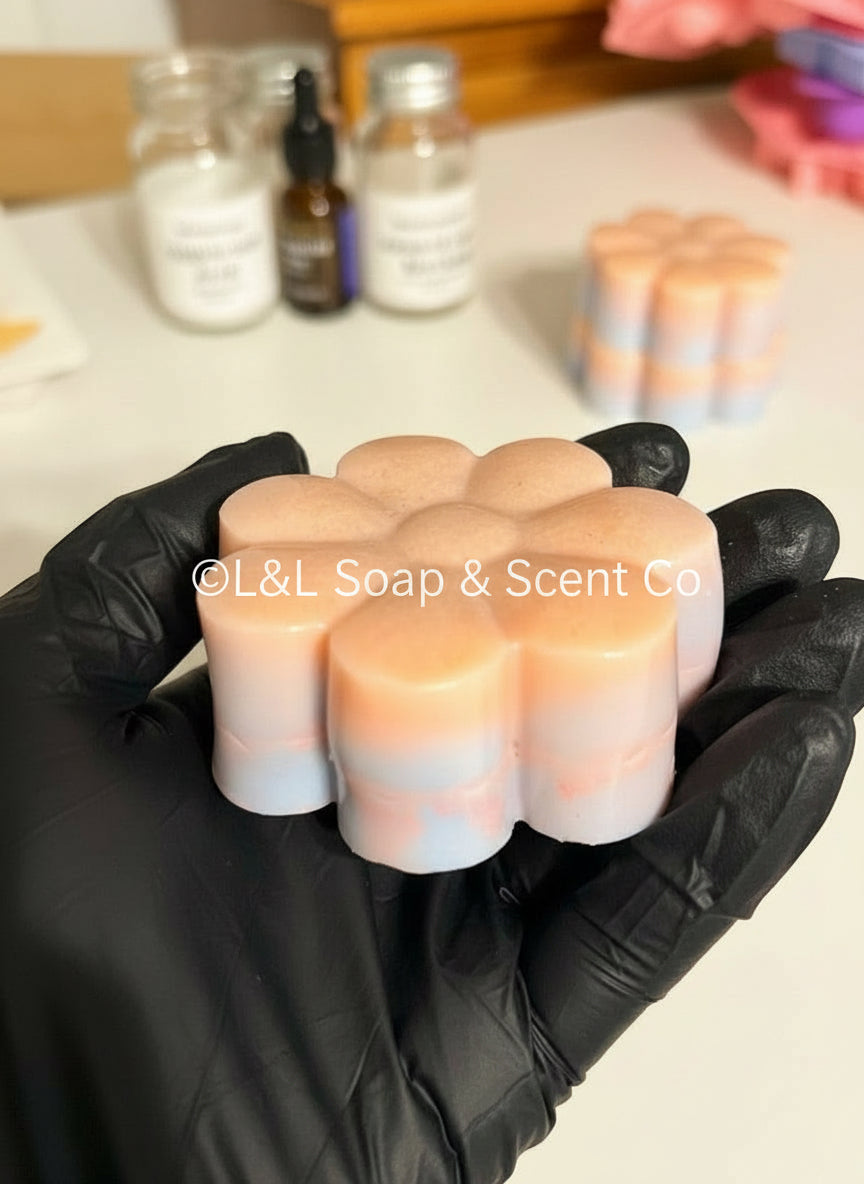 Pink, blue ombré fruity rings scented Shea butter soap flower shape 