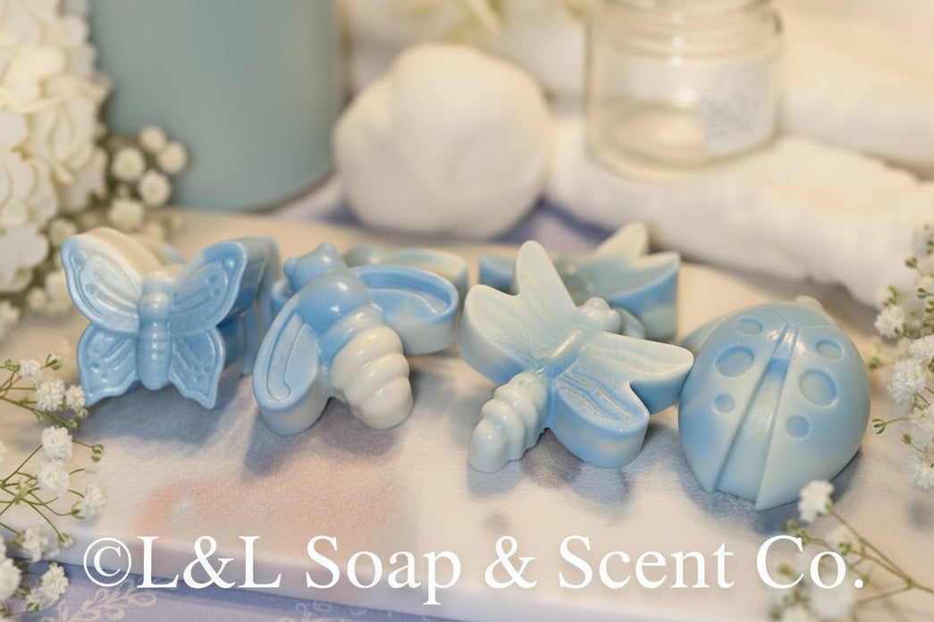 Baby powder scented insect shape goats milk soap blue and white ombre colored 
