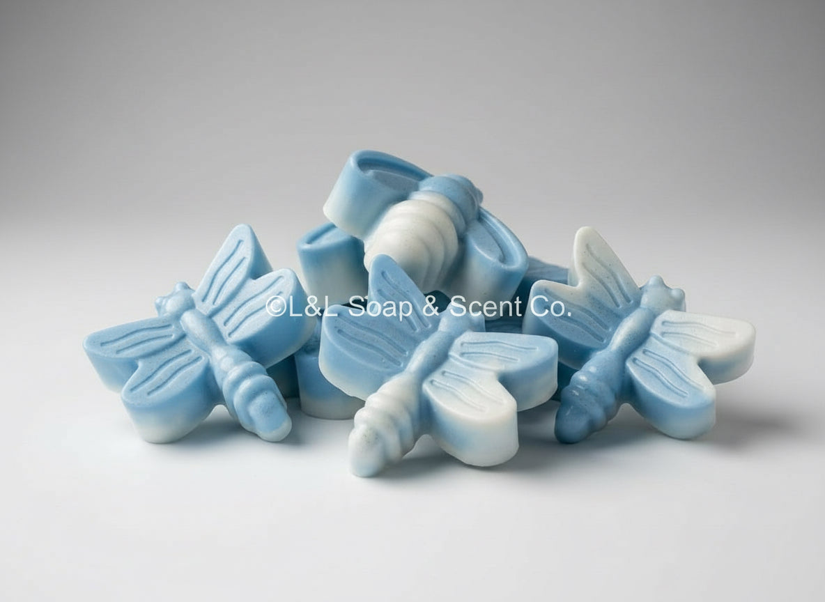 Baby powder scented insect shape goats milk soap blue and white ombre colored 