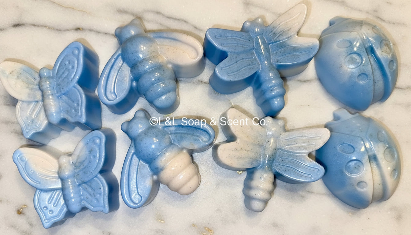 Baby powder scented insect shape goats milk soap blue and white ombre colored 