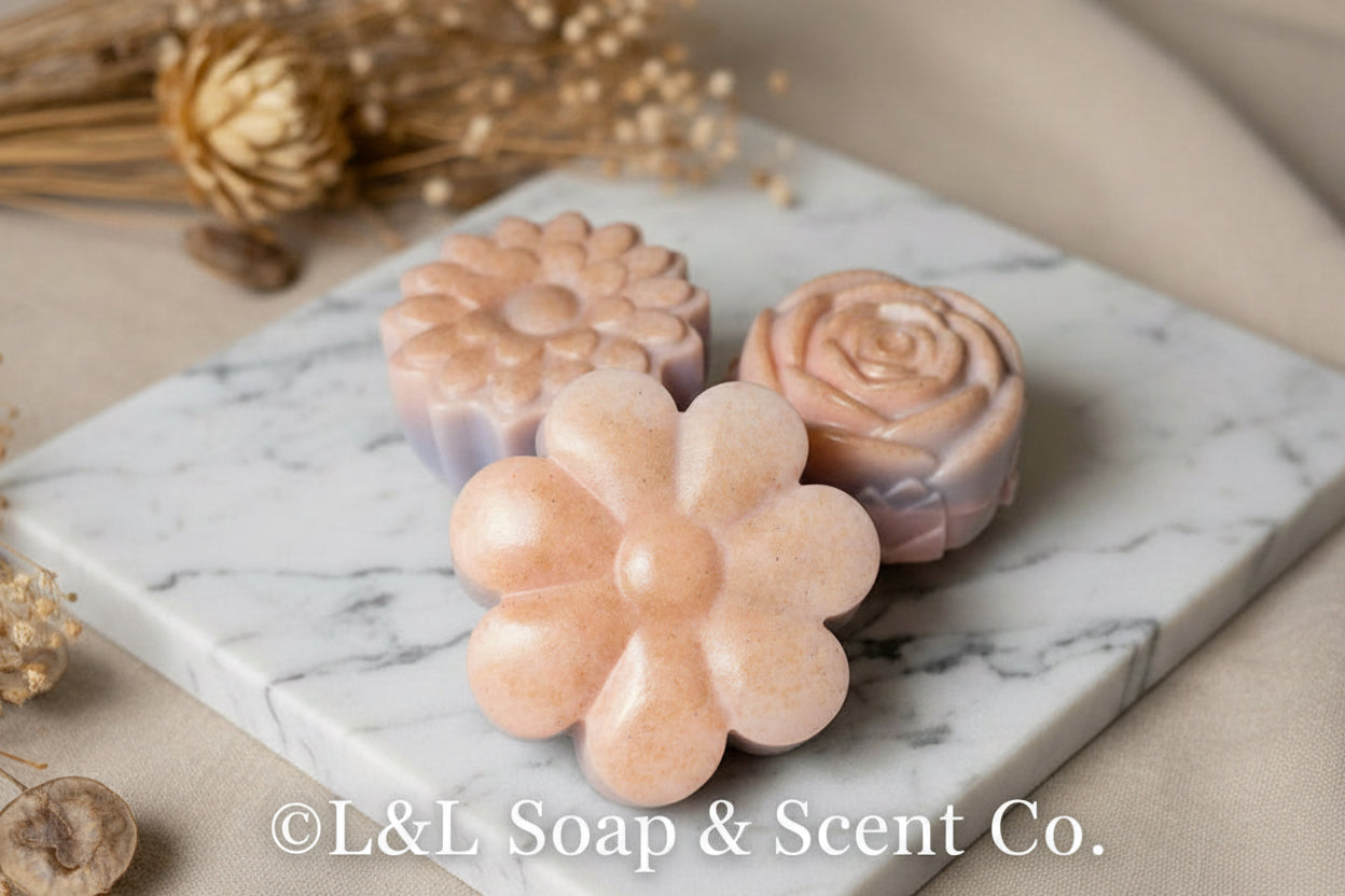 Pink, blue ombré fruity rings scented Shea butter soap flower shape 
