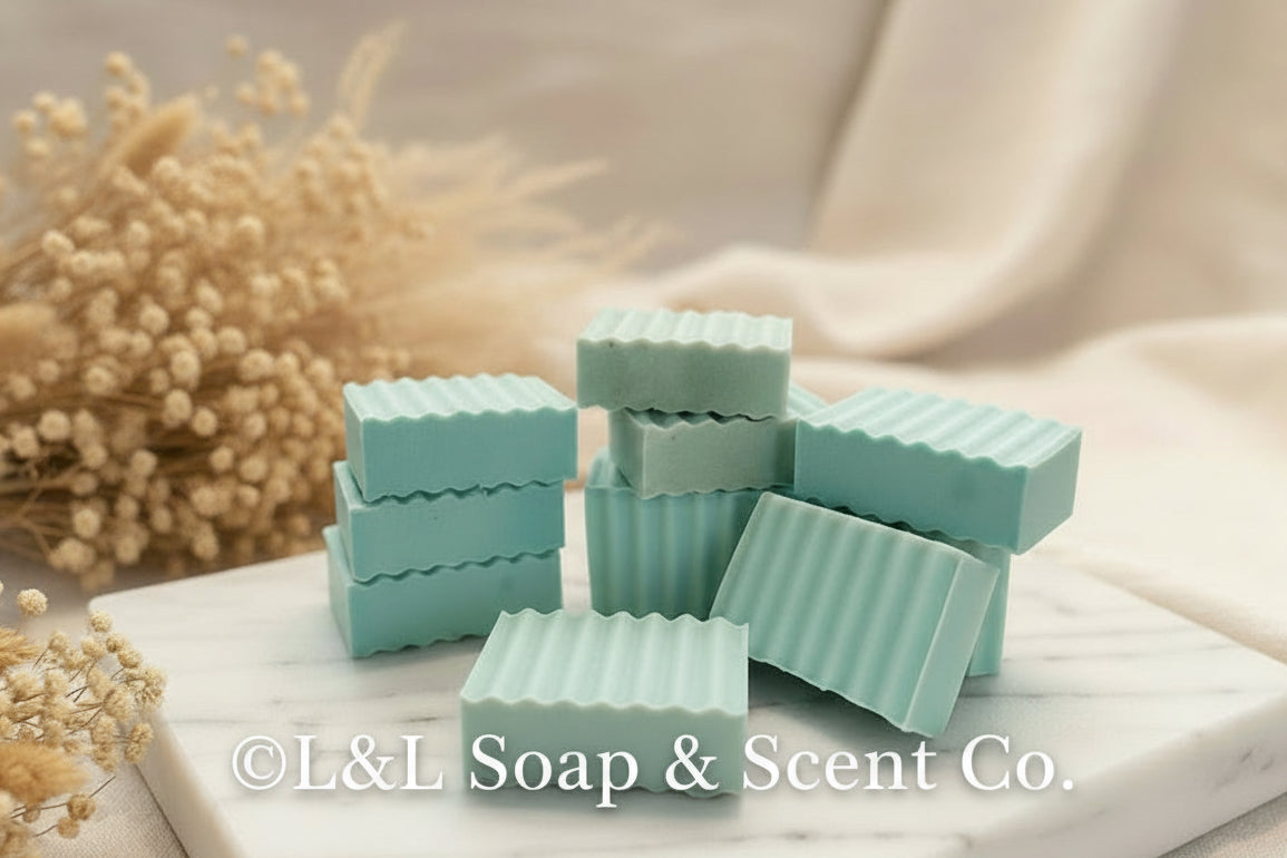 Light blue square shaped eucalyptus scented goat milk soap