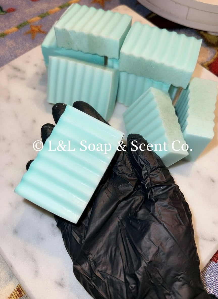 Light blue square shaped eucalyptus scented goat milk soap