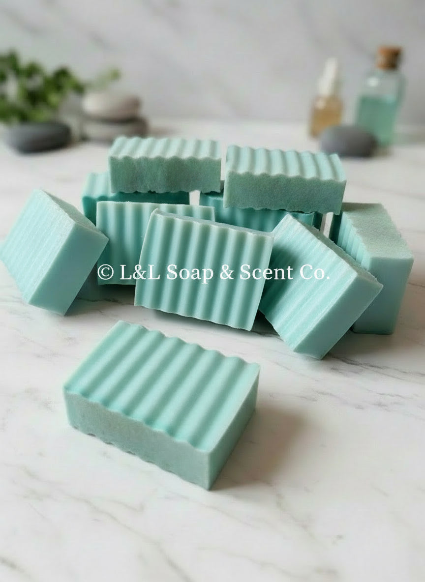 Light blue square shaped eucalyptus scented goat milk soap