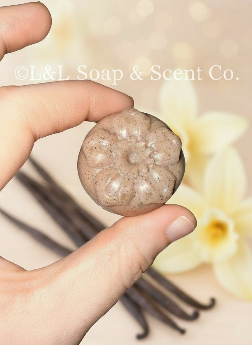 Small brown round flower shape lavender vanilla essential oil Shea butter soaps