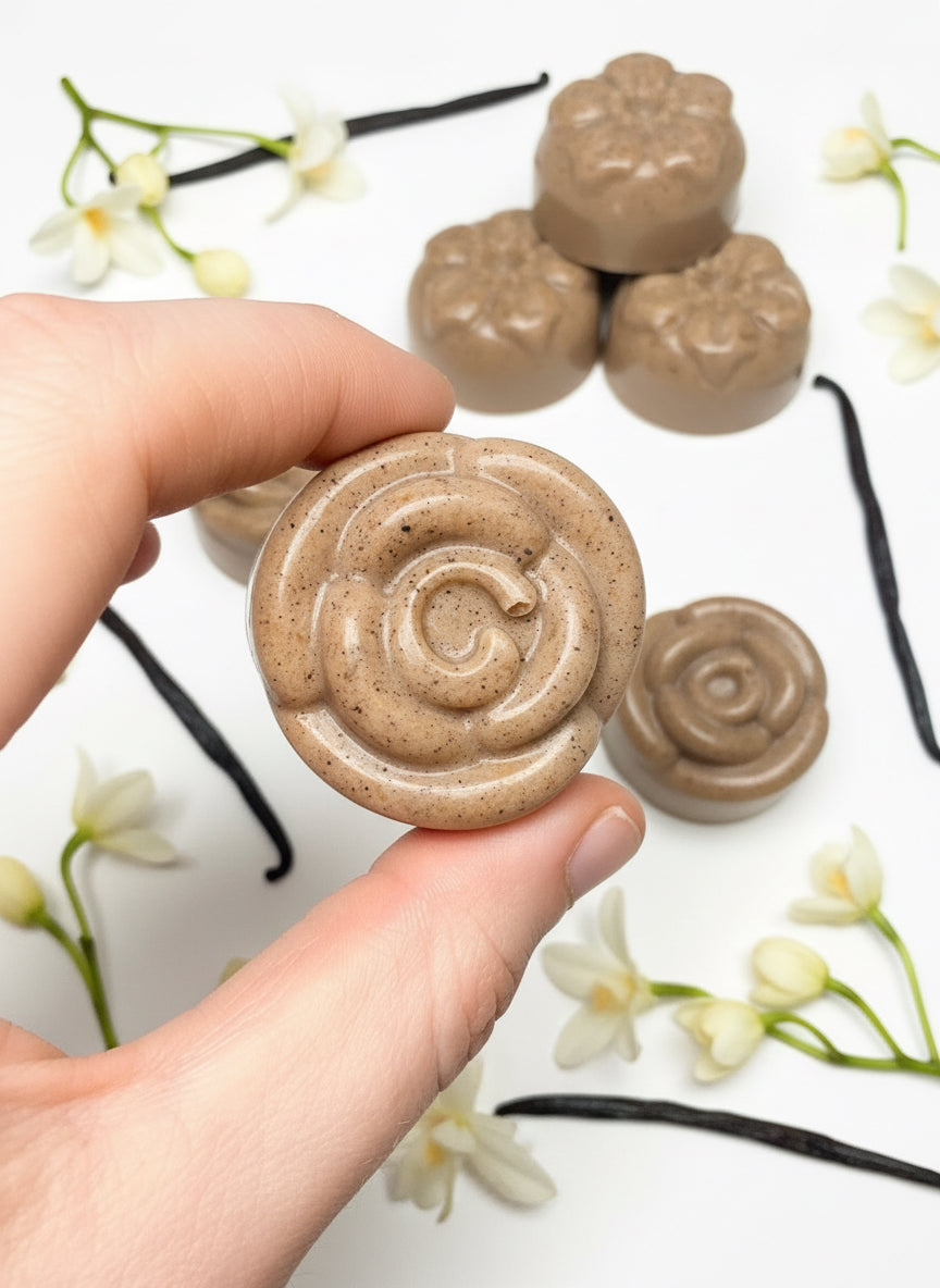 Small brown round flower shape lavender vanilla essential oil Shea butter soaps