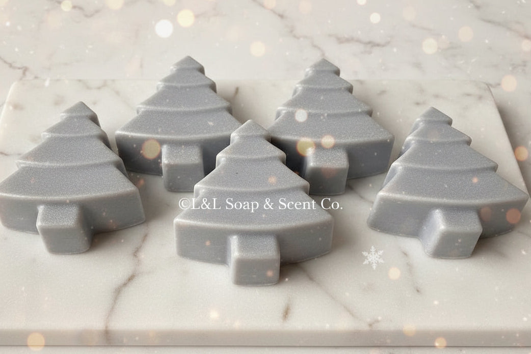 Grey Christmas trees colored with activated charcoal Christmas fir scent Shea butter soap 